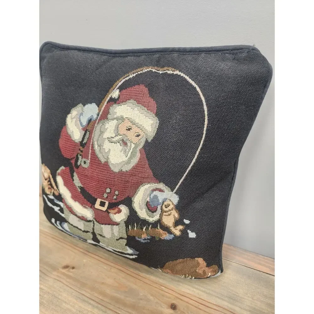 Christmas Needlepoint Pillow 12” X 12” Santa Fishing